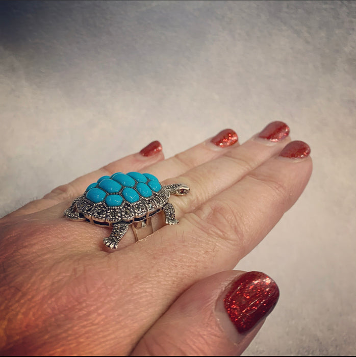 Turquoise silver tortoise ring - The Hirst Collection