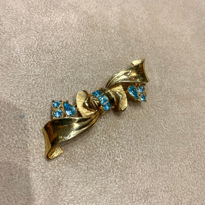 Blue Gold Vintage Bow Brooch by Givenchy Paris Gold Plated - The Hirst Collection