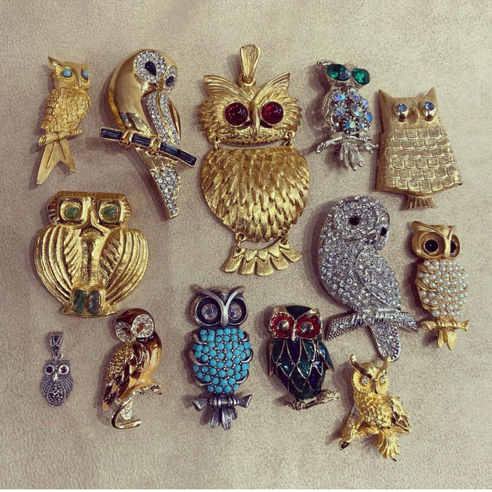 Vintage owl  brooch with sapphire blue - The Hirst Collection