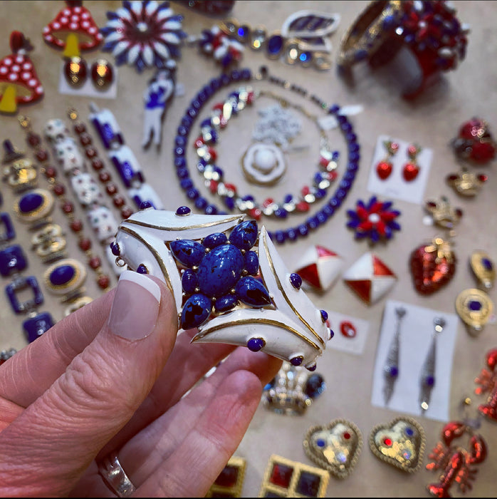 Trifari white enamel Lapis blue clamper bangle - The Hirst Collection