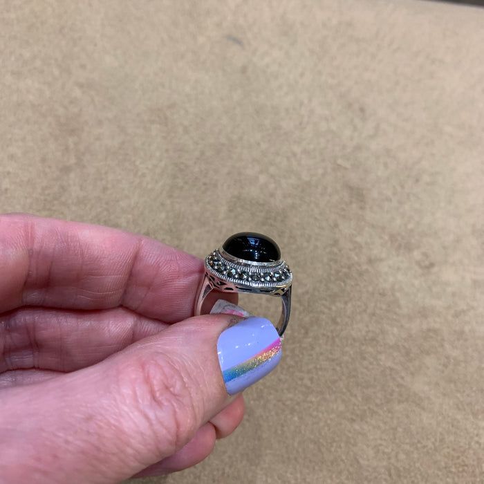 Art Deco Circle Ring Silver Black Marcasite - The Hirst Collection