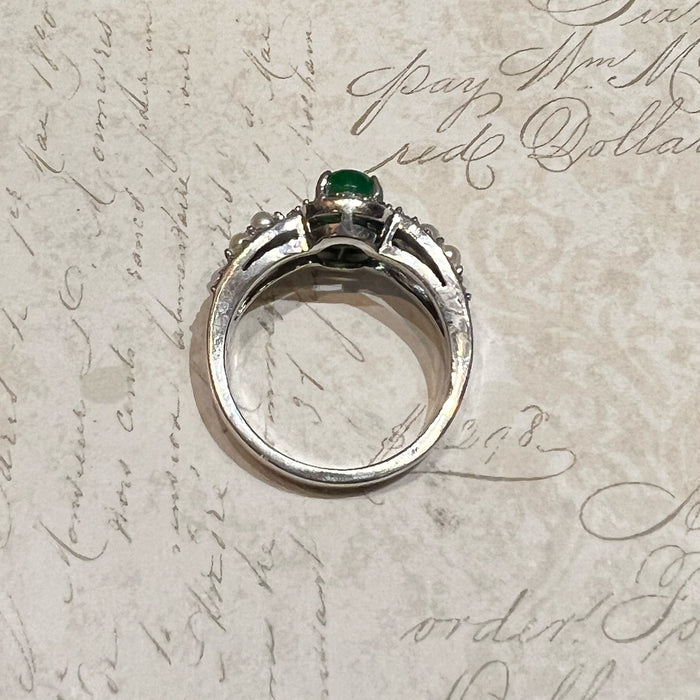 Jade Pearl Ring in Silver with Marcasite Stones