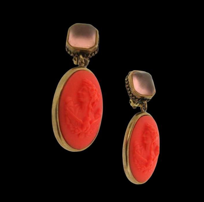 Extasia Cameo Earrings Coral German Glass Bronze Pink Swarovski Crystal Clip On - The Hirst Collection