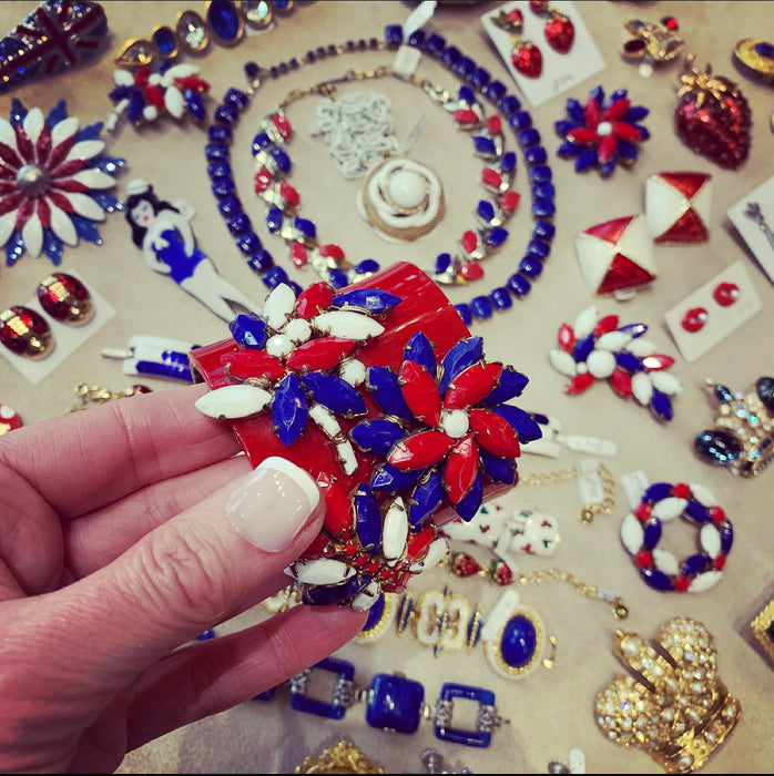Vintage Red White Blue Bracelet Vintage Glass Cuff by Katherine Alexander - The Hirst Collection