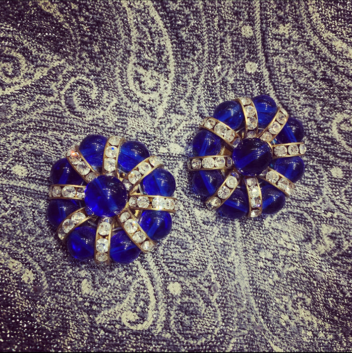 Cobalt Blue Beaded and Crystal Earrings Gold Plated Clip on - The Hirst Collection