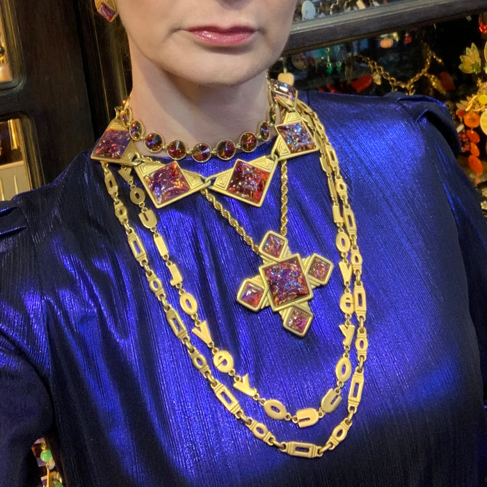 YSL Necklace Gold Pink Purple Dichroic Glass Statement Yves Saint Laurent Vintage - The Hirst Collection