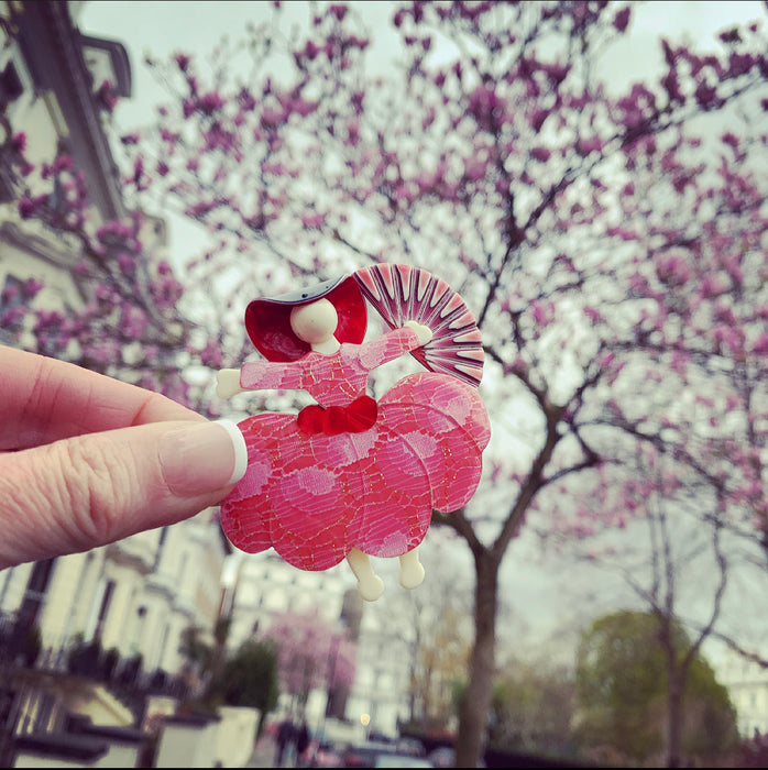 Lea Stein Scarlett Ballerina brooch with fan in pink - The Hirst Collection