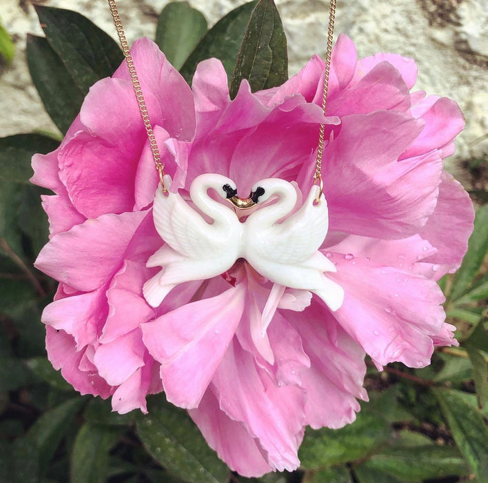 White Kissing Swan Necklace by AndMary - The Hirst Collection