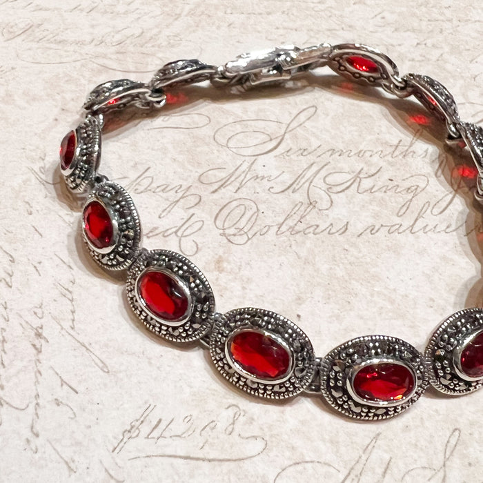 Marcasite Silver and Red Cubic Zirconia Oval stone Tennis Bracelet
