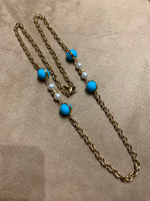Dior Long gold sautoir chain with Glass Turquoise and Pearl - The Hirst Collection
