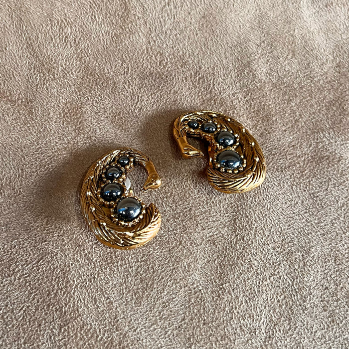 Gold, hematite glass Statement Clip On Bird Earrings by Abbey Road Unsigned