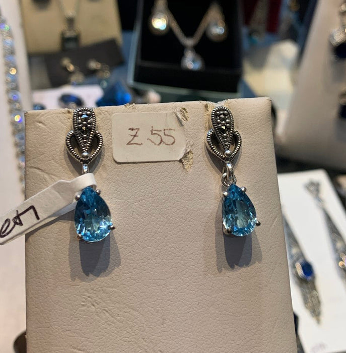 Blue Topaz Earrings Teardrop Silver Marcasite