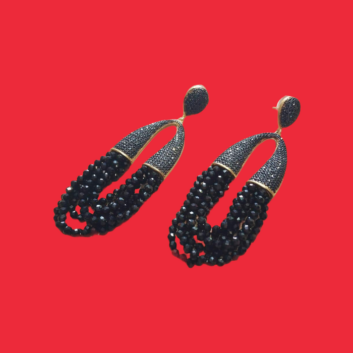 Waterfall Chandelier Black beads Black onyx pave earrings - The Hirst Collection