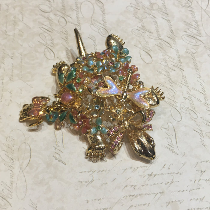 Kirks Folly Turtle Flower Brooch Enamel Pave Stone - The Hirst Collection