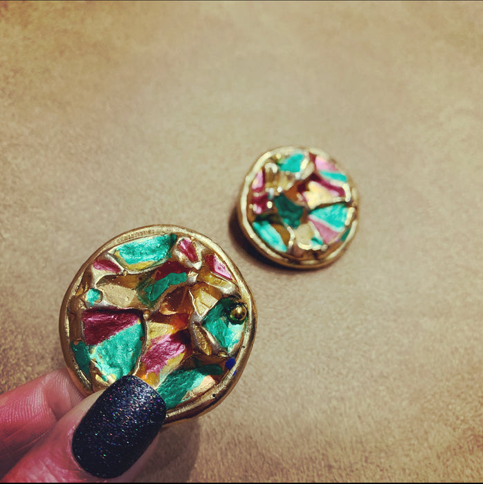 Jacky De G Chunky Vintage Gold Multi coloured Round Earrings