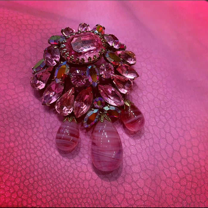Pink crystal vintage brooch with triple drop - The Hirst Collection