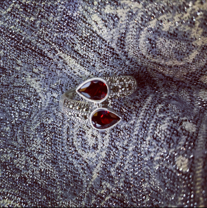 Red duo ring in silver with Marcasite - The Hirst Collection