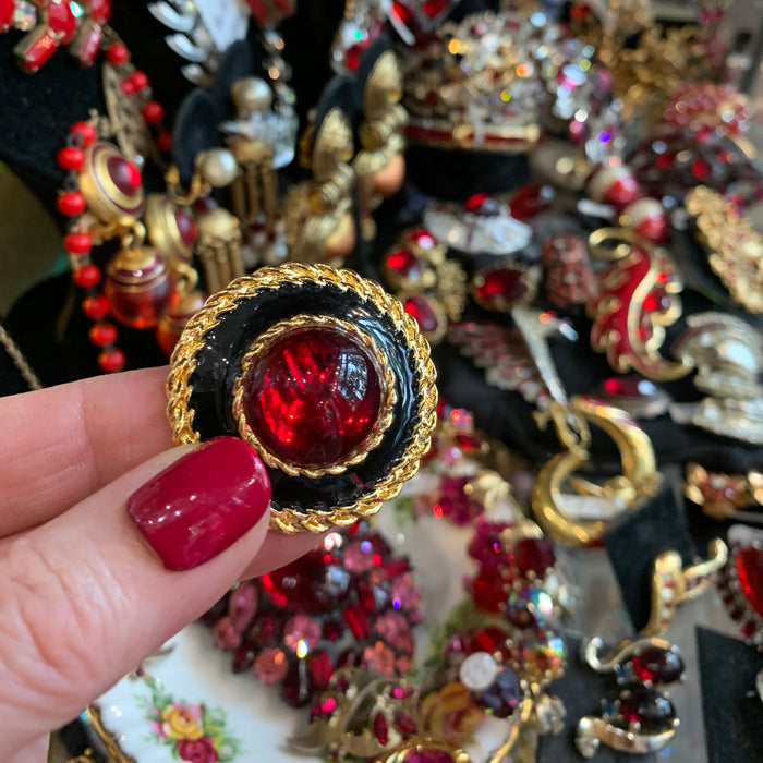 Large red and black vintage clip on earrings