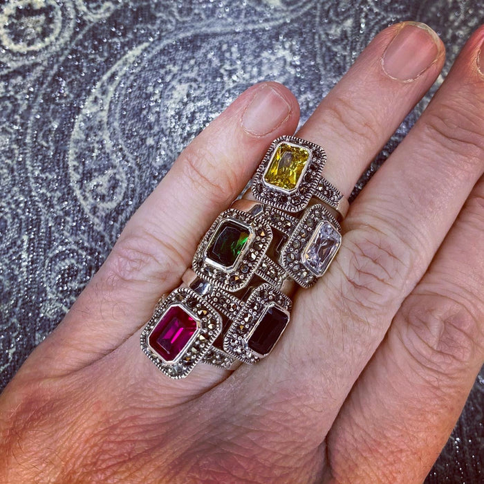 Emerald Green Princess Solitaire Marcasite Silver Ring - The Hirst Collection