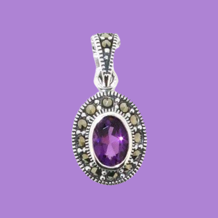 Amethyst Purple Pendant Necklace Silver Marcasite on chain - The Hirst Collection