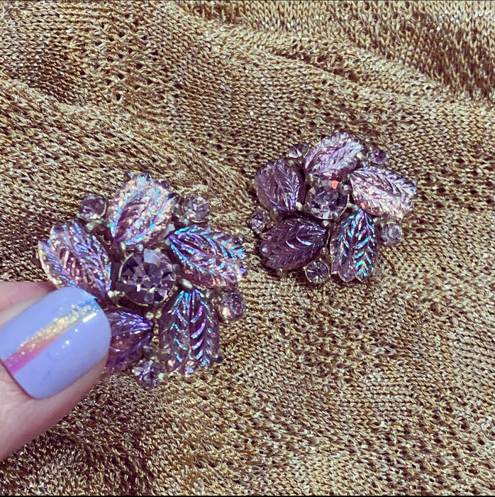 Vintage Schiaparelli Clip on Earrings Purple leaf glass - The Hirst Collection