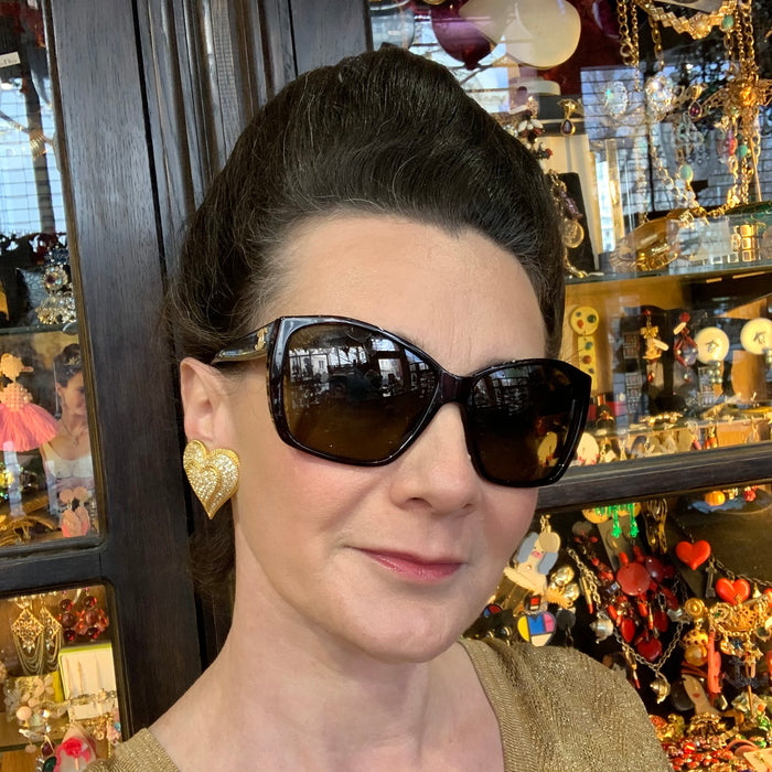 Crystal double  heart vintage gold clip on earrings - The Hirst Collection