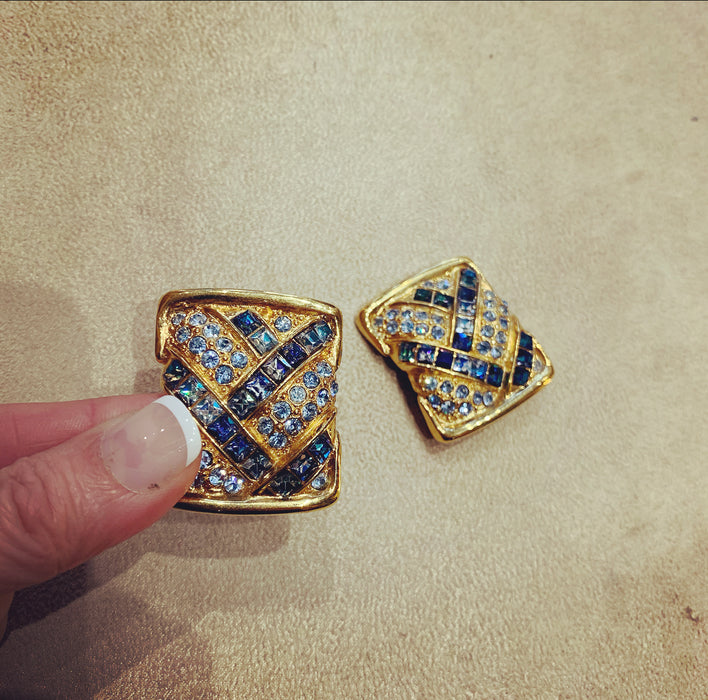 Yves Saint Laurent  Vintage Clip On Earrings Gold Blue Crystal Sqaure - The Hirst Collection