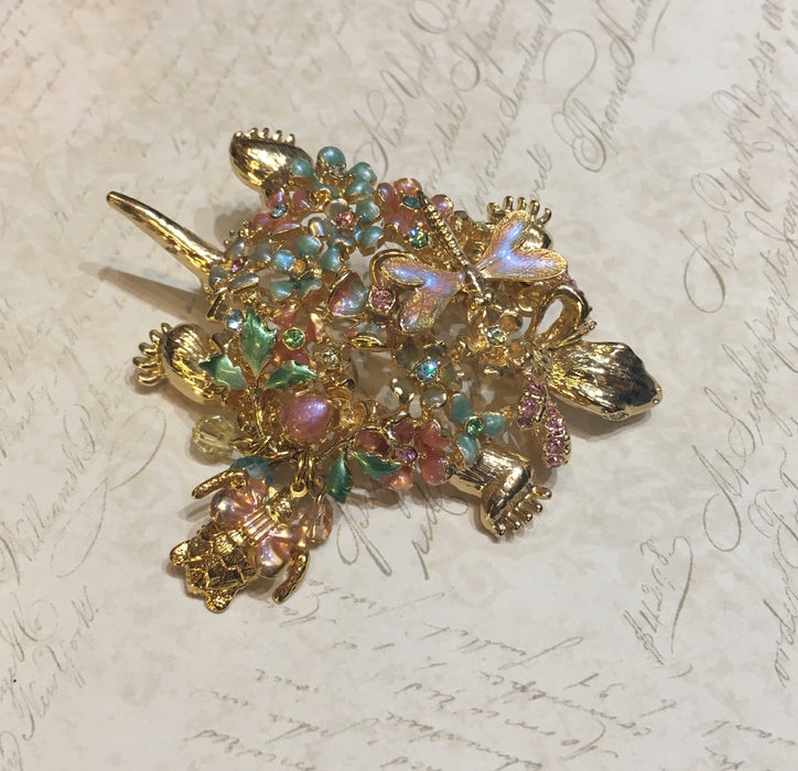 Kirks Folly Turtle Flower Brooch Enamel Pave Stone - The Hirst Collection