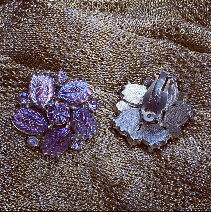 Vintage Schiaparelli Clip on Earrings Purple leaf glass - The Hirst Collection