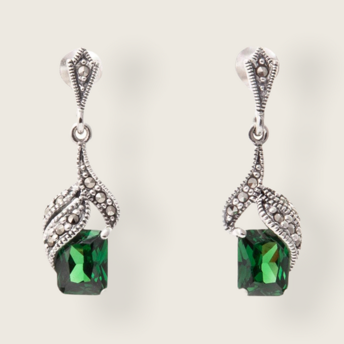 Art Deco Earrings Emerald Green Silver Marcasite  Crystal - The Hirst Collection