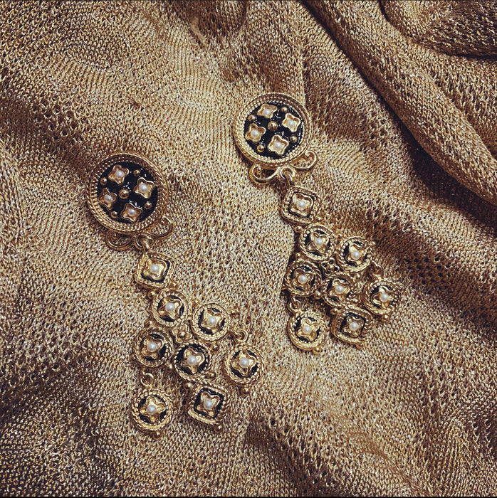 Butler and Wilson black and pearl gold chandelier earrings - The Hirst Collection