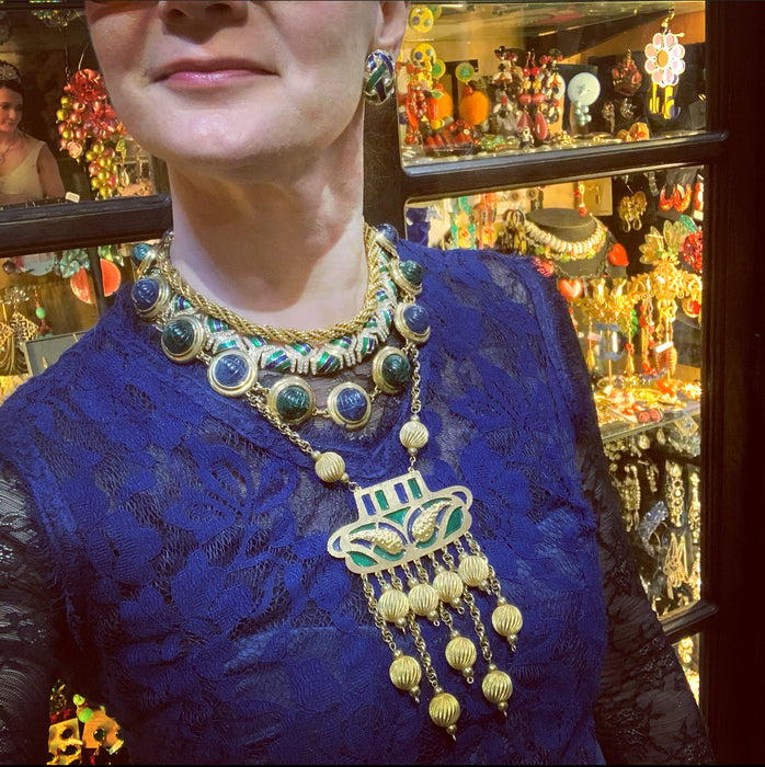 David Grau Vintage statement Blue Green Cabochon necklace