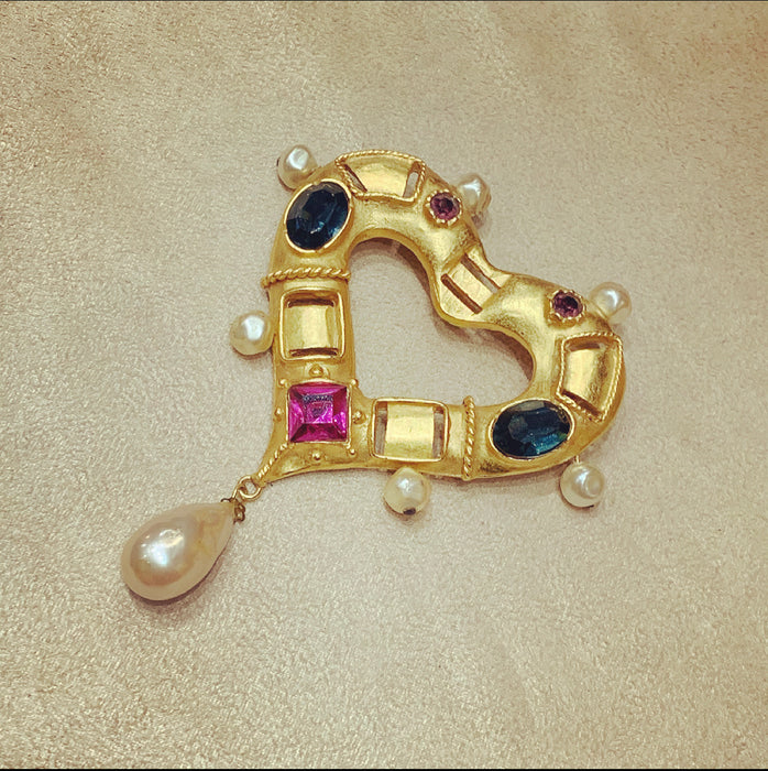 Christian Lacroix Large Gold Vintage Heart brooch with pearl drop - The Hirst Collection