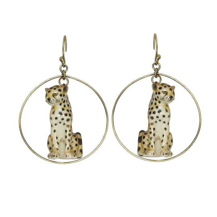 Sitting Cheetah porcelaine gold hoop earrings by And Mary - The Hirst Collection