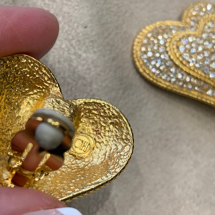 Crystal double  heart vintage gold clip on earrings - The Hirst Collection