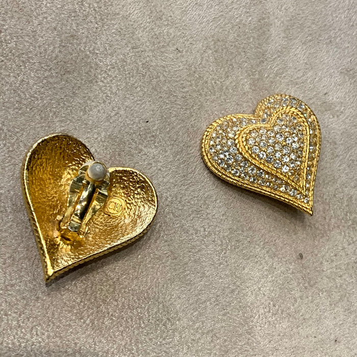Crystal double  heart vintage gold clip on earrings - The Hirst Collection