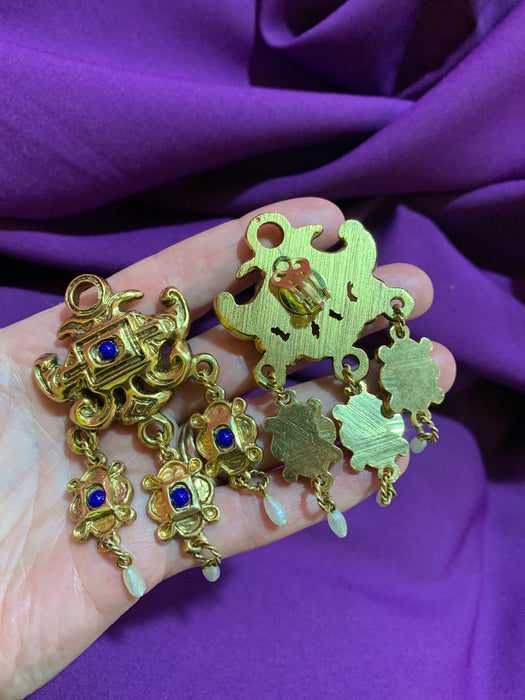 Gold lapis blue chandelier earrings