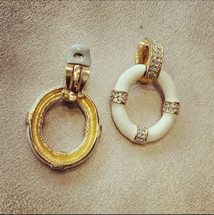 Ciner White enamel hoop clip on earrings - The Hirst Collection