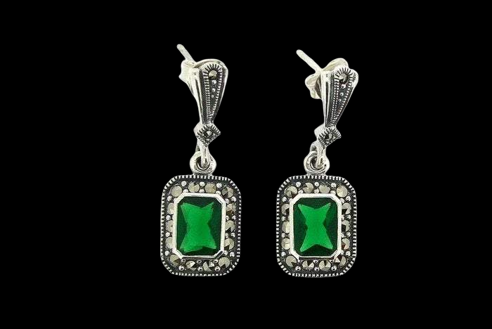 Silver Marcasite Emerald Earrings Square Green Crystal