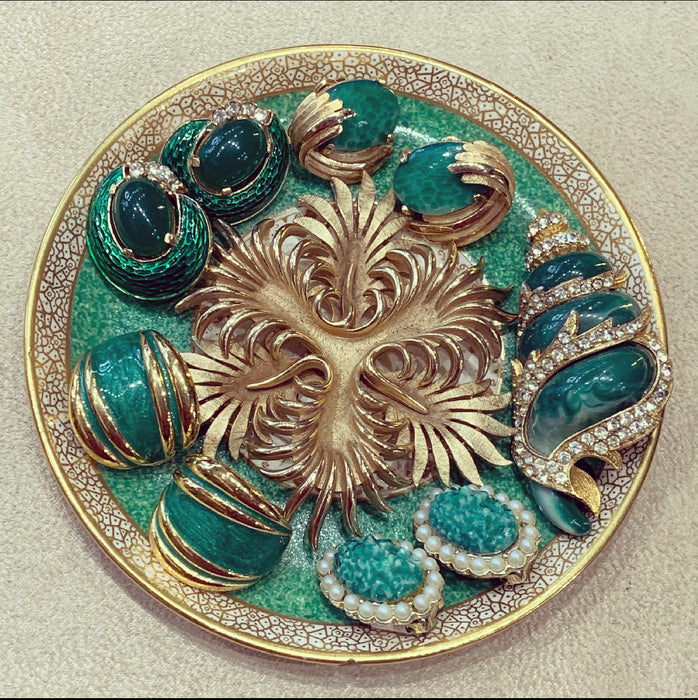 Trifari Vintage Jade glass clip on oval earrings - The Hirst Collection