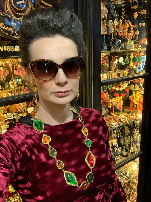 Yves Saint Laurent Large Statement Necklace red green orange Gripoix glass Rive Gauche - The Hirst Collection