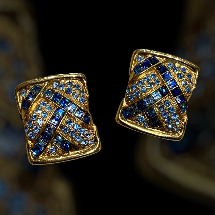 Yves Saint Laurent  Vintage Clip On Earrings Gold Blue Crystal Sqaure - The Hirst Collection