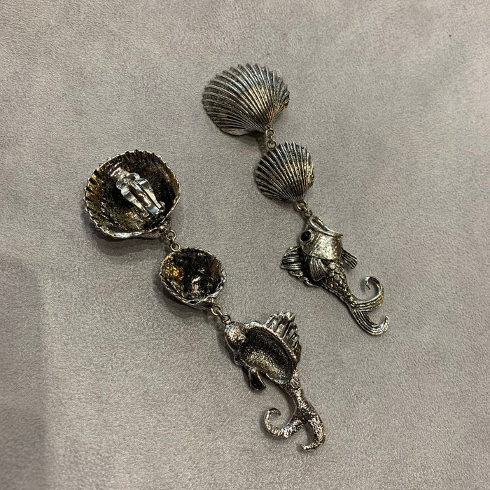 Large Statement silver fish shell earrings - The Hirst Collection