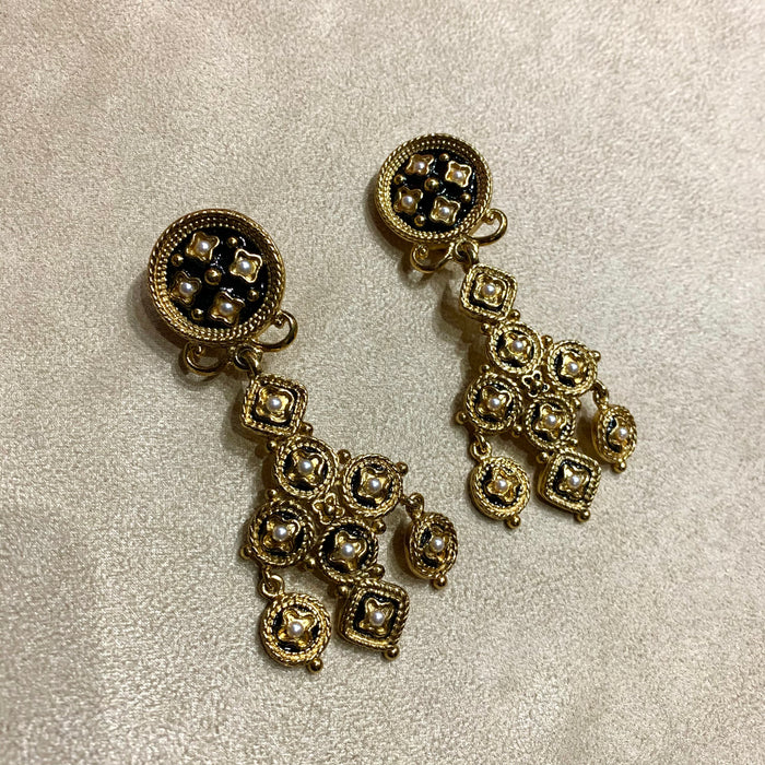 Butler and Wilson black and pearl gold chandelier earrings - The Hirst Collection