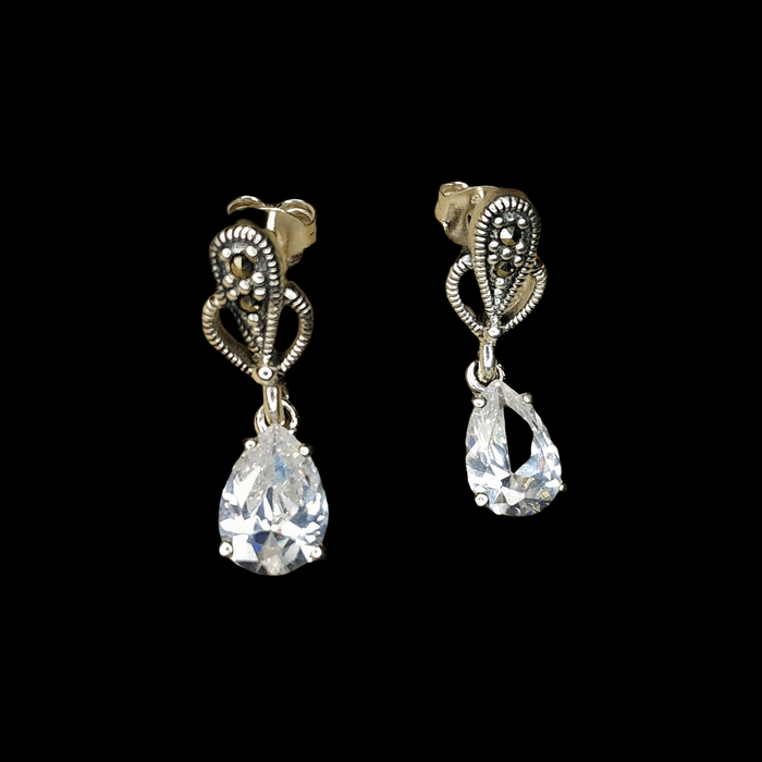 Clear Crystal Earrings Teardrop Silver Marcasite - The Hirst Collection