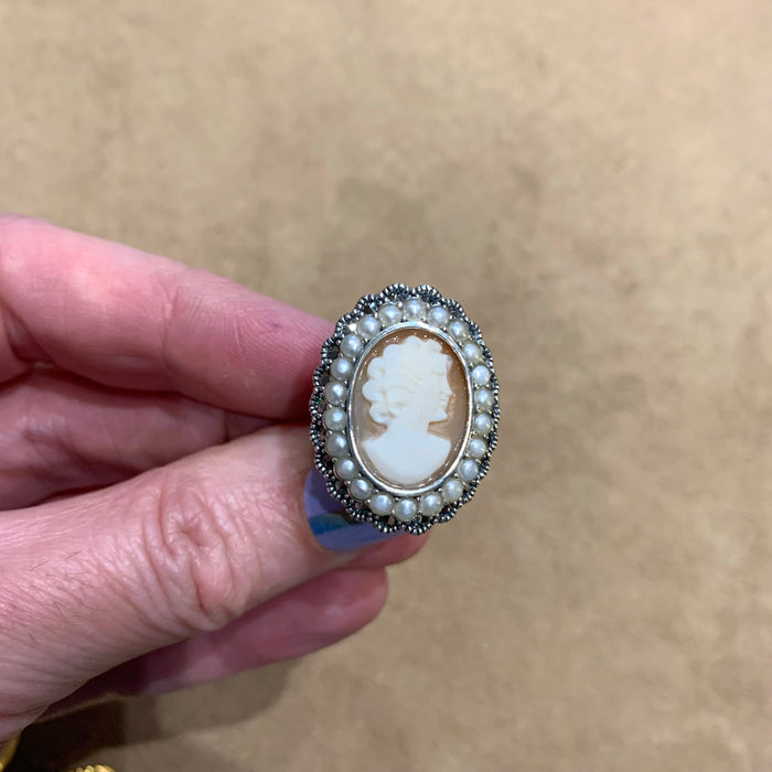 Cameo Ring Silver Freshwater Pearl Marcasite - The Hirst Collection