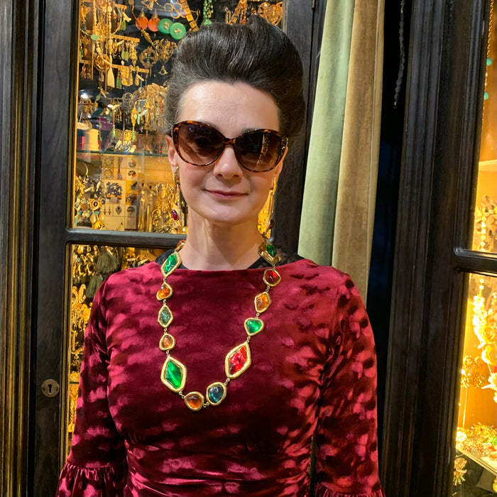 Yves Saint Laurent Large Statement Necklace red green orange Gripoix glass Rive Gauche - The Hirst Collection