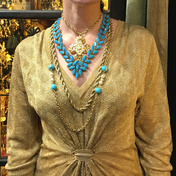 Dior Long gold sautoir chain with Glass Turquoise and Pearl