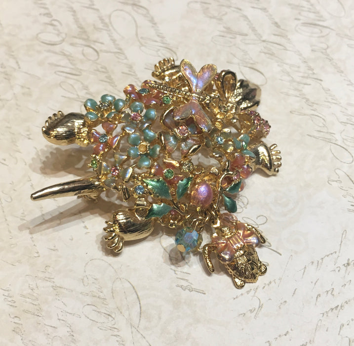 Kirks Folly Turtle Flower Brooch Enamel Pave Stone - The Hirst Collection