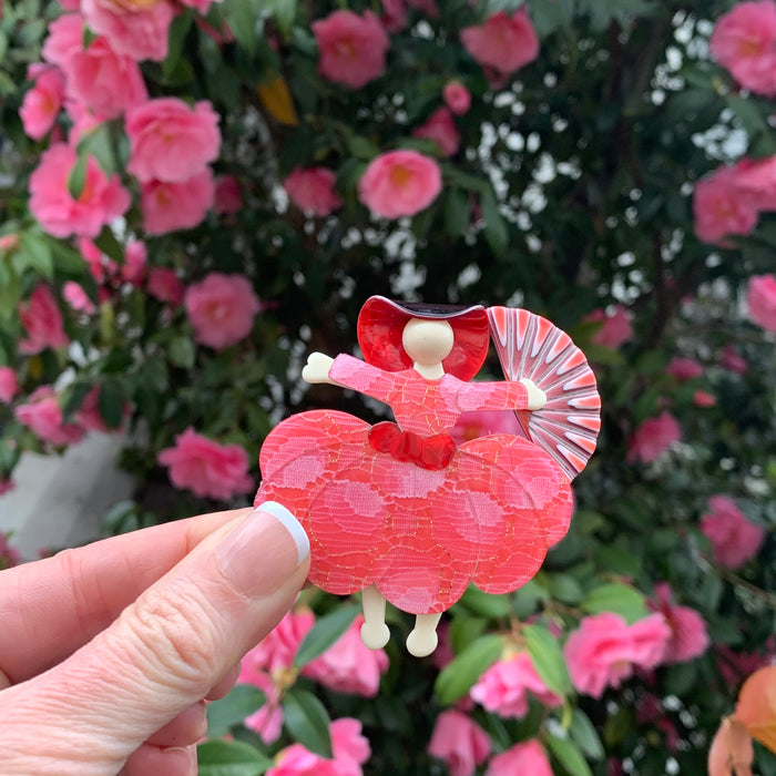 Lea Stein Scarlett Ballerina brooch with fan in pink - The Hirst Collection